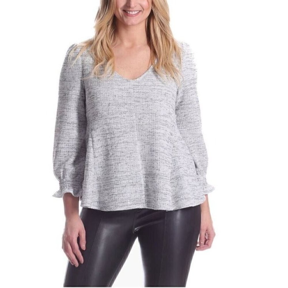 Duffield Lane Top Womens Large Gray Callie Tweed V Neck Stretchy Textured Boho